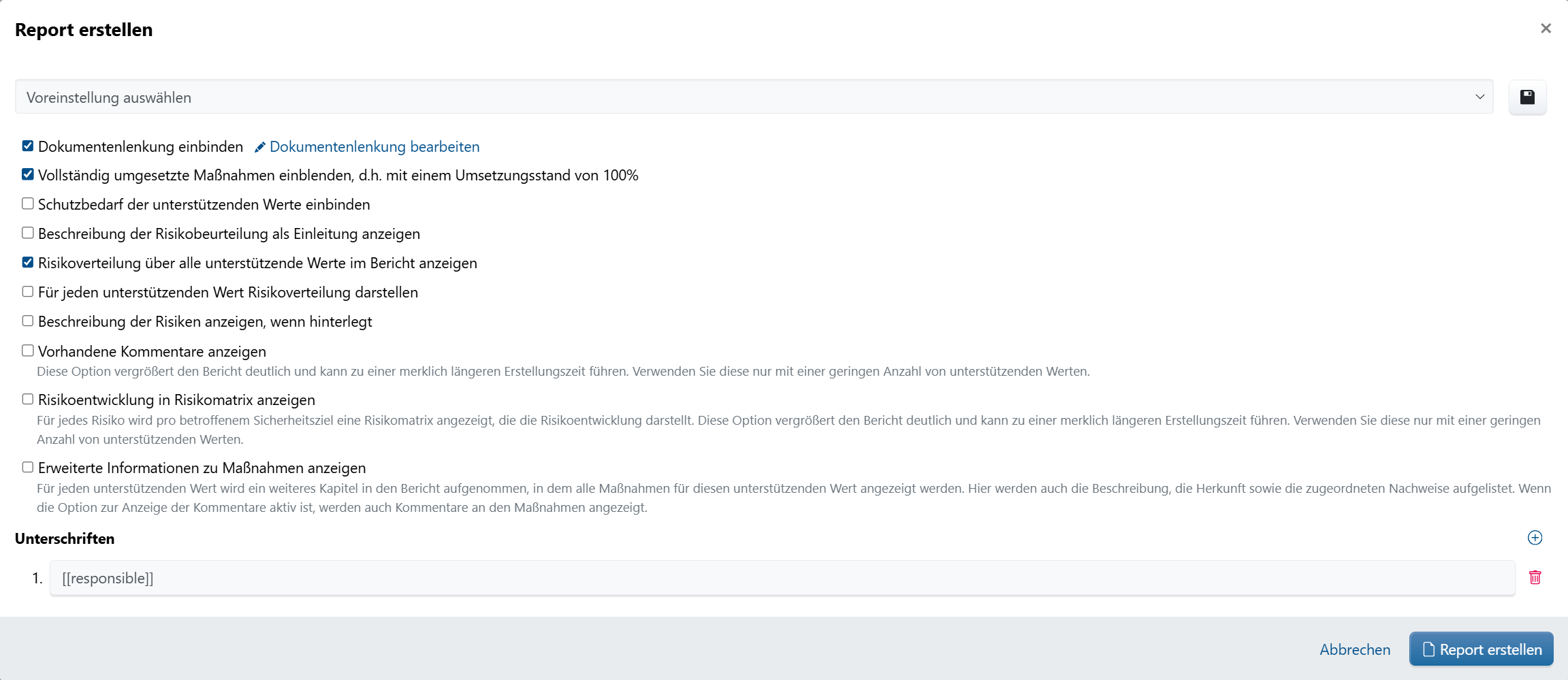 Optionen für den Bericht zur Risikobeurteilung